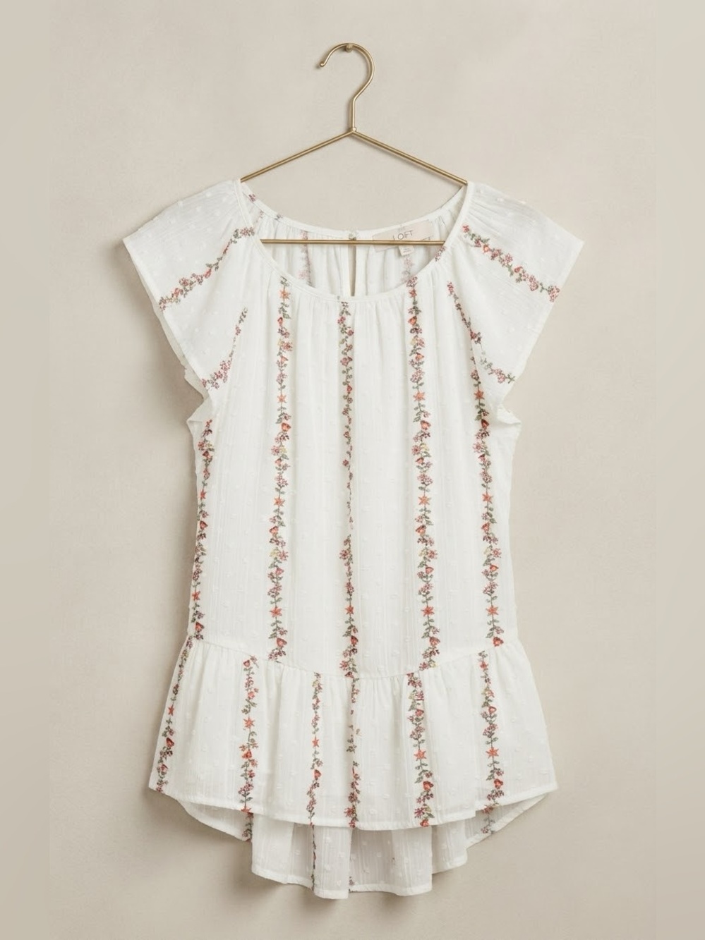 LOFT White Floral-Strip Peplum Hem Top